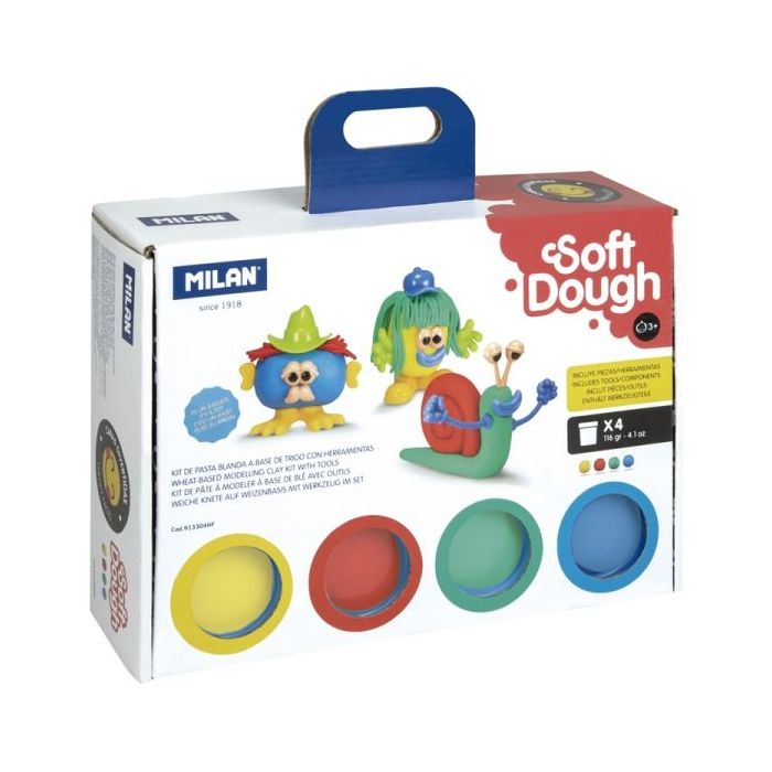 Milan Soft Dough Pack de 4 Botes de Pasta Blanda - Maletin con Herramientas - 116g por Unidad - 100% Vegetal - Moldeable - Sin Residuos - Colores Mezclables - Tematica Caras Divertidas