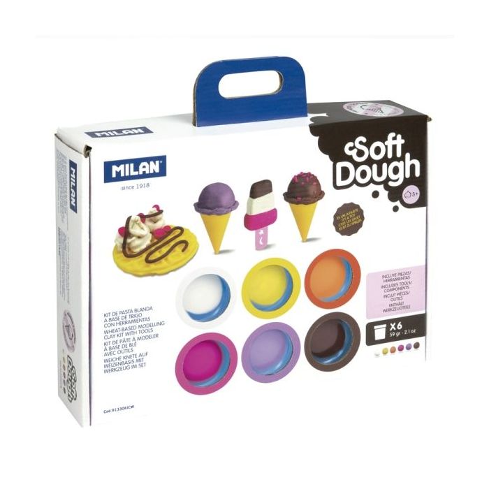 Milan Soft Dough Pack de 6 Botes de Pasta Blanda - Maletin con Herramientas - 59g por Unidad - 100% Vegetal - Moldeable - Sin Residuos - Colores Mezclables - Tematica Heladeria