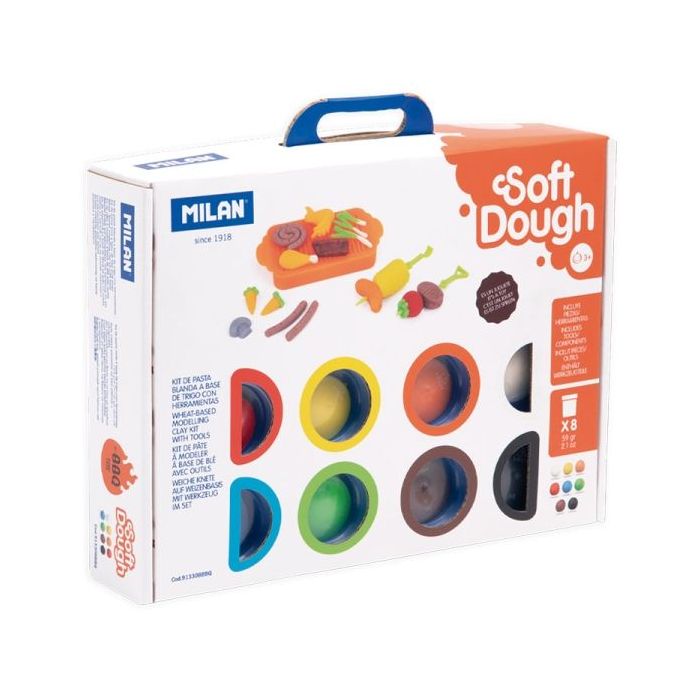 Milan Soft Dough Pack de 8 Botes de Pasta Blanda - Maletin con Herramientas - 59g por Unidad - 100% Vegetal - Moldeable - Sin Residuos - Colores Mezclables - Tematica Barbacoa