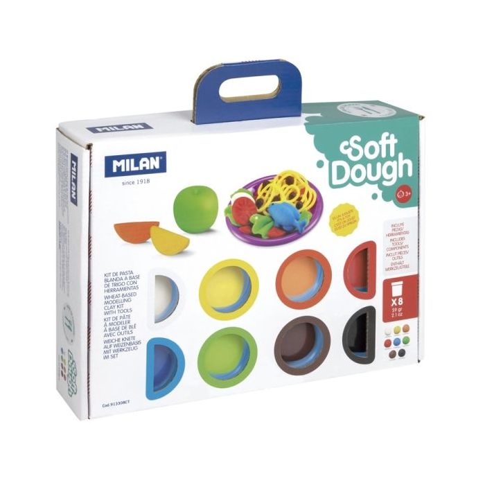 Milan Soft Dough Pack de 8 Botes de Pasta Blanda - Maletin con Herramientas - 59g por Unidad - 100% Vegetal - Moldeable - Sin Residuos - Colores Mezclables - Tematica Alimentos