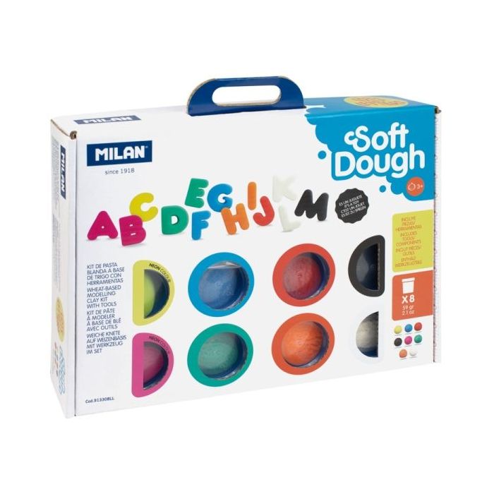 Milan Soft Dough Pack de 8 Botes de Pasta Blanda - Maletin con Herramientas - 59g por Unidad - 100% Vegetal - Moldeable - Sin Residuos - Colores Mezclables - Tematica Abecedario