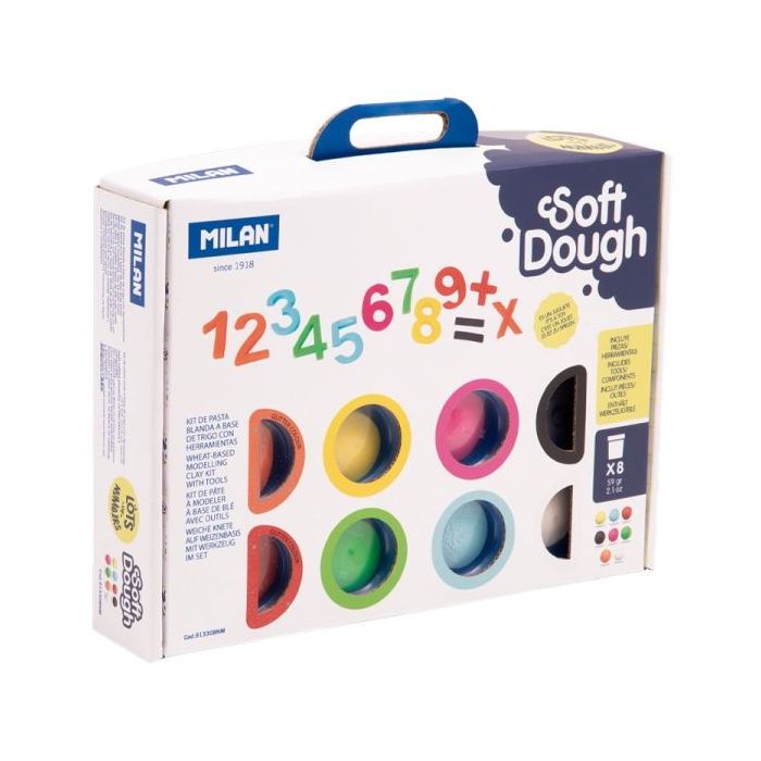 Milan Soft Dough Pack de 8 Botes de Pasta Blanda - Maletin con Herramientas - 59g por Unidad - 100% Vegetal - Moldeable - Sin Residuos - Colores Mezclables - Tematica Numeros