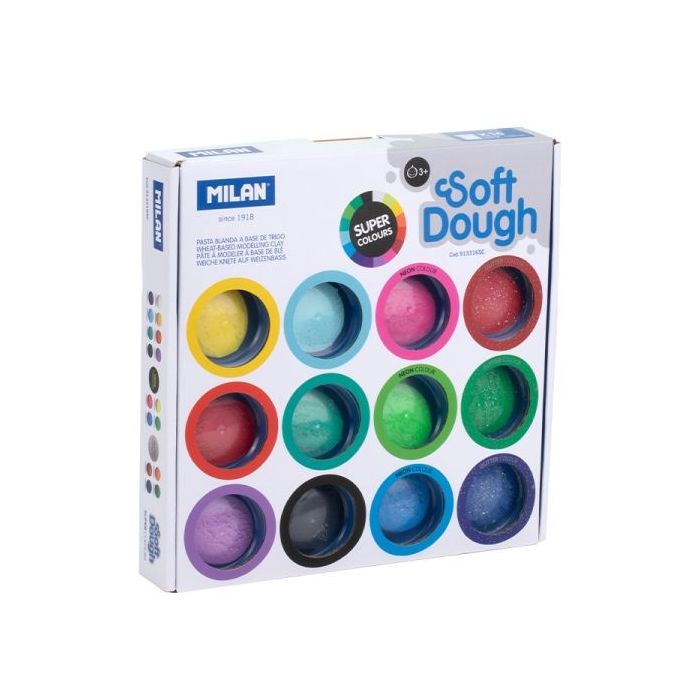 Milan Soft Dough Pack de 16 Botes de Pasta Blanda - 8 Basicos - 4 Neon - 4 Glitter o Purpurina - 30g por Unidad - 100% Vegetal - Moldeable - Sin Residuos - Colores Mezclables - Colores Surtidos