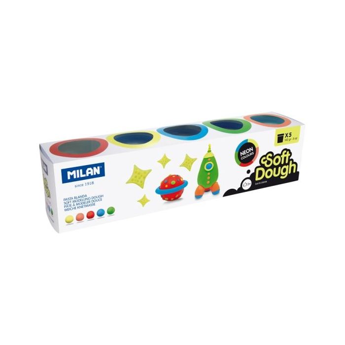 Milan Neon Soft Dough Pack de 5 Botes de Pasta Blanda - 100% Vegetal - Moldeable - Sin Residuos - Colores Mezclables - 142g por Unidad - Colores Surtidos