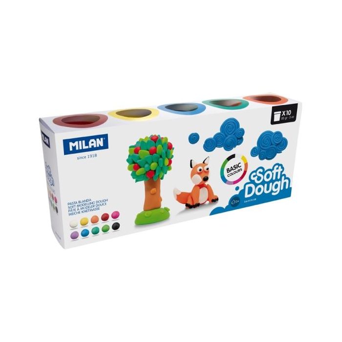 Milan Basic Soft Dough Pack de 10 Botes de Pasta Blanda - 100% Vegetal - Moldeable - Sin Residuos - Colores Mezclables - 85g por Unidad - Colores Surtidos