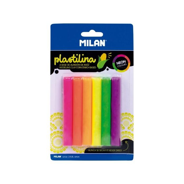 Milan Pack de 6 Barritas Plastilina de Colores - 100% Vegetal - Muy Moldeable - No Se Seca - Colores Mezclables - 70g - Colores Surtidos