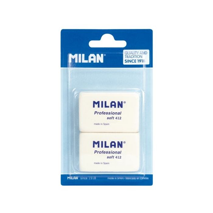 Milan Professional Soft 412 Pack de 2 Gomas de Borrar - Miga de Pan - Caucho Sintetico - Color Blanco