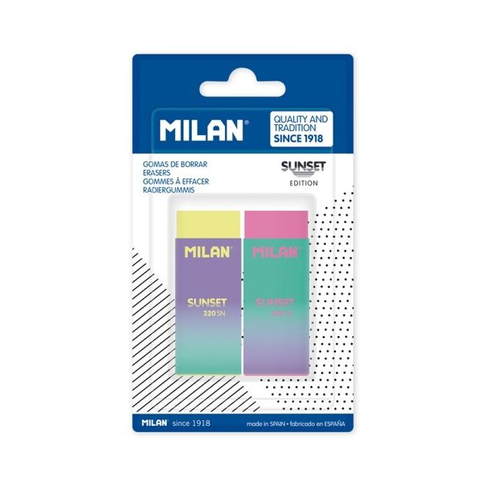 Milan Nata 320 Sunset Pack de 2 Gomas de Borrar - No Abrasiva - Colores Surtidos