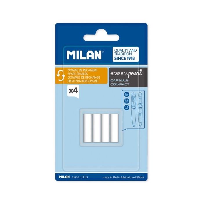 Milan Pack de 4 Gomas de Recambio para Portaminas - Compatible con Capsule y Compact - Color Blanco