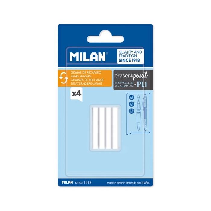 Milan Pack de 4 Gomas de Recambio para Portaminas - Compatible con Capsule, Slim y Pl1 - Color Blanco