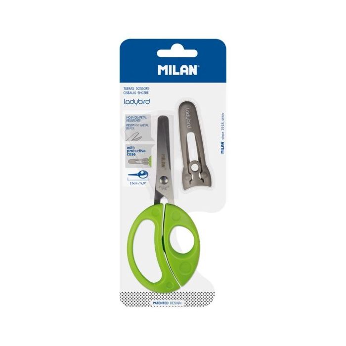 Milan Ladybird Tijeras con Funda - Mango Ergonomico - Punta Redondeada - Acero Inoxidable de 15cm - Color Verde