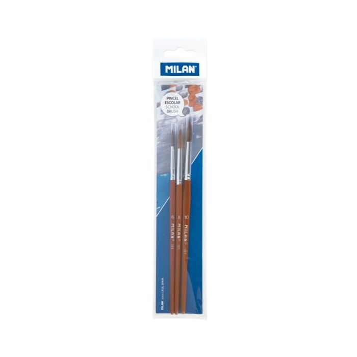 Milan 101 Pack de 3 Pinceles Escolares Redondos - Formatos Surtidos - Color Madera Oscuro