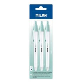 Milan P1 + Pack de 3 Boligrafos de Bola Retractiles - Tinta Azul - Punta Redonda 1mm - Superficie Antibacteriana - Color Blanco
