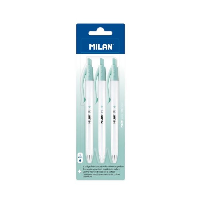 Milan P1 + Pack de 3 Boligrafos de Bola Retractiles - Tinta Azul - Punta Redonda 1mm - Superficie Antibacteriana - Color Blanco