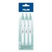 Milan P1 + Pack de 3 Boligrafos de Bola Retractiles - Tinta Azul - Punta Redonda 1mm - Superficie Antibacteriana - Color Blanco