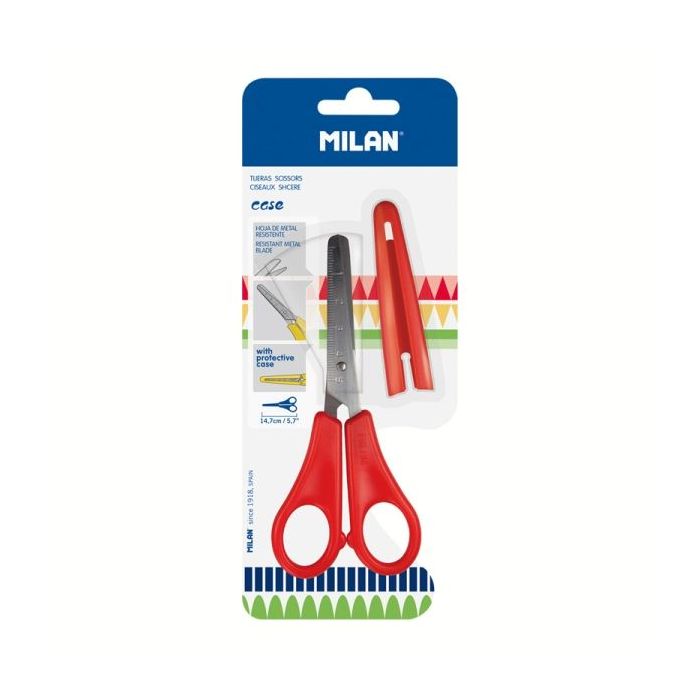 Milan Tijeras con Funda - Regla Integrada de 5cm - Punta Redondeada - Acero Inoxidable de 14.7cm - Color Rojo