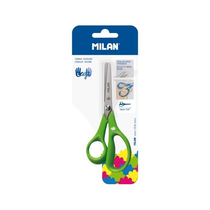 Milan Tijeras para Zurdos Verdes - Mango Ergonomico - Punta Redondeada - Acero Inoxidable de 14cm - Color Verde