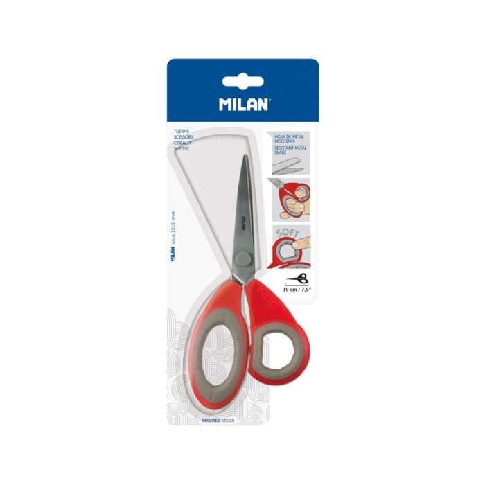 Milan Tijeras de Oficina de 19cm - Mango Ergonomico - Hoja de Acero Inoxidable - Color Rojo