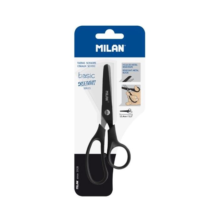 Milan Basic Shadow Tijeras de 13.4cm - Mango Ergonomico - Punta Redondeada - Hoja de Acero Inoxidable - Color Negro