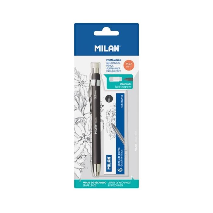 Milan Portaminas Profesional 5.2mm - Incluye 6 Minas de Recambio - Dureza B - Color Negro
