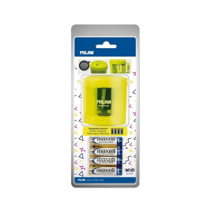 Milan Power-Sharp Acid Sacapuntas Electrico - Pilas Incluidas - Deposito Integrado - Cuchilla de Acero al Carbono de Seguridad - Color Amarillo