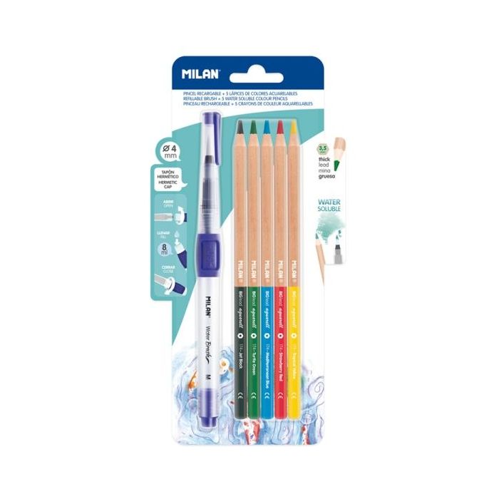 Milan Water Brush Pack de Pincel Recargable + 5 Lapices Acuarelables - Mina Gruesa - Color Azul