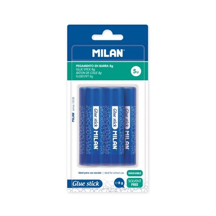 Milan Pack de 5 Barra de Pegamento 8 g - Multiusos - Multisuperficies - Sin Disolventes - Uso Escolar - Color Azul