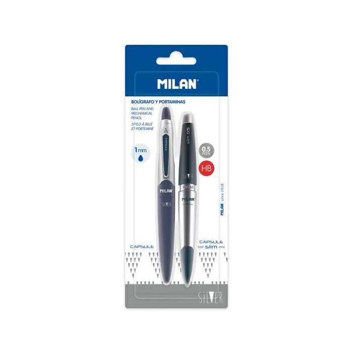 Milan Capsule Silver Pack de 1 Boligrafo Azul + 1 Portaminas 0.5mm - Color Azul Marino