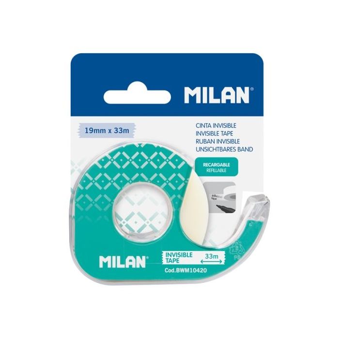 Milan Portarrollos con Cinta Adhesiva - Cinta Transparente Mate - Hoja de Corte Metalica - 19mm x 33m - Color Verde