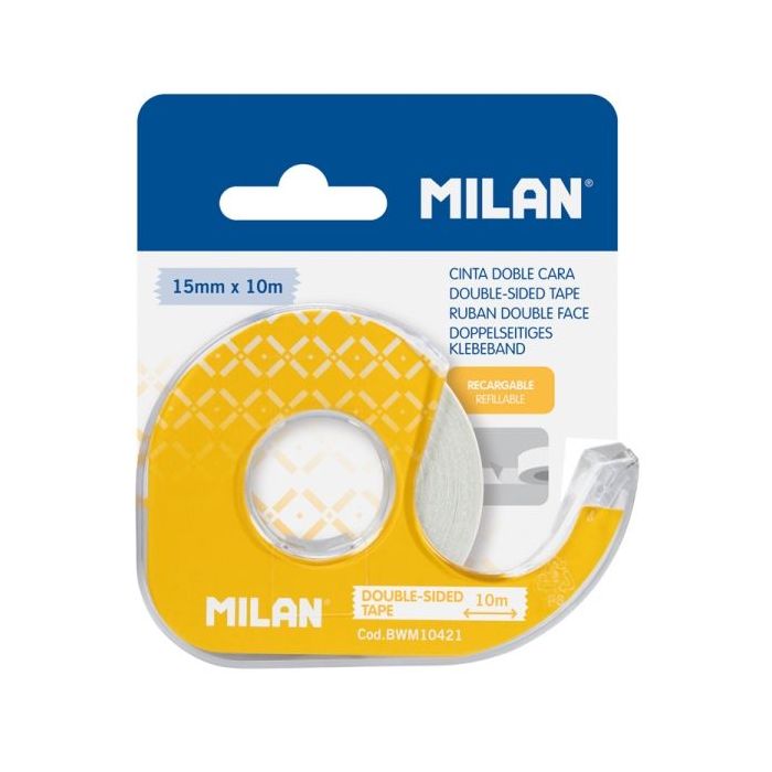 Milan Portarrollos con Cinta Adhesiva de Doble Cara - Hoja de Corte Metalica - 15mm x 10m - Color Amarillo