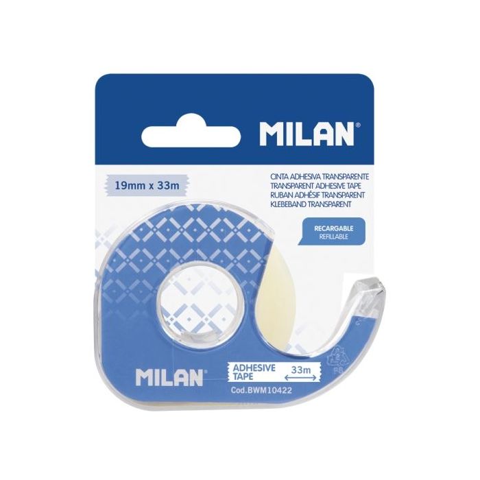 Milan Portarrollos con Cinta Adhesiva - Cinta Transparente Brillante - Hoja de Corte Metalica - 19mm x 33m - Color Azul