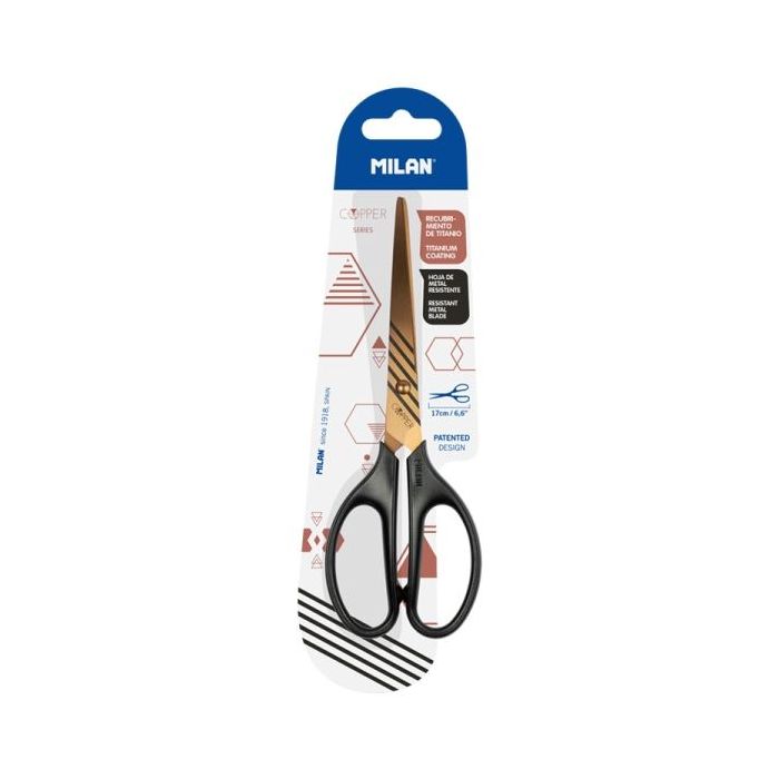 Milan Copper Tijeras de Oficina de 17cm - Mango Ergonomico - Hoja de Acero Inoxidable - Recubrimiento de Titanio - Color Negro