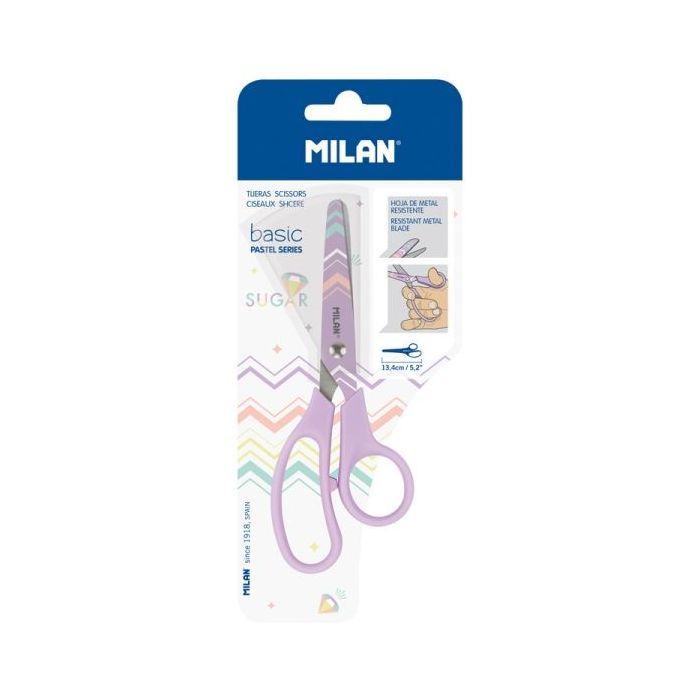 Milan Pastel Tijeras de 13.4cm - Mango Ergonomico - Punta Redondeada - Hoja de Acero Inoxidable - Color Lila Pastel