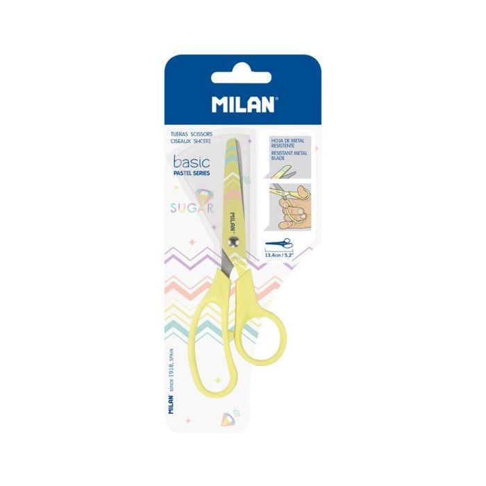 Milan Basic Tijeras de 13.4cm - Mango Ergonomico - Punta Redondeada - Hoja de Acero Inoxidable - Color Rosa Pastel