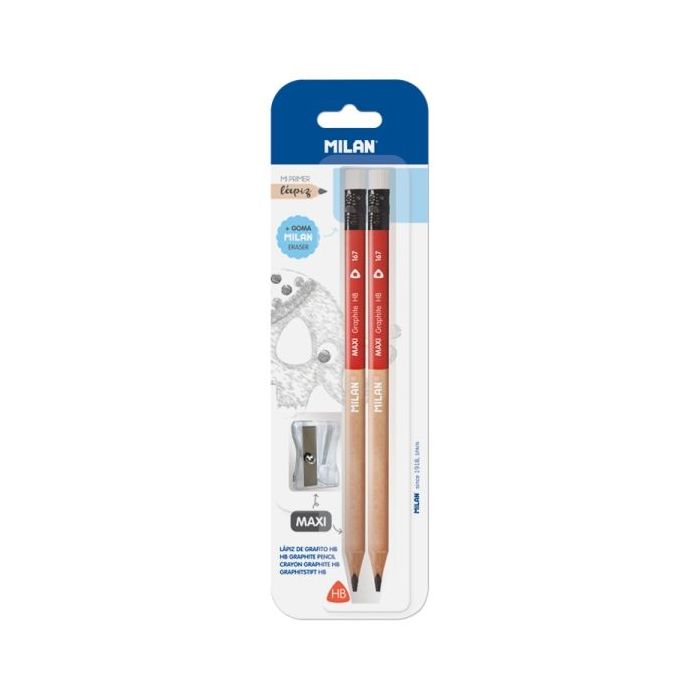 Milan Maxi Pack de 2 Lapices + Goma + 1 Sacapuntas - Dureza Media HB - Color Rojo