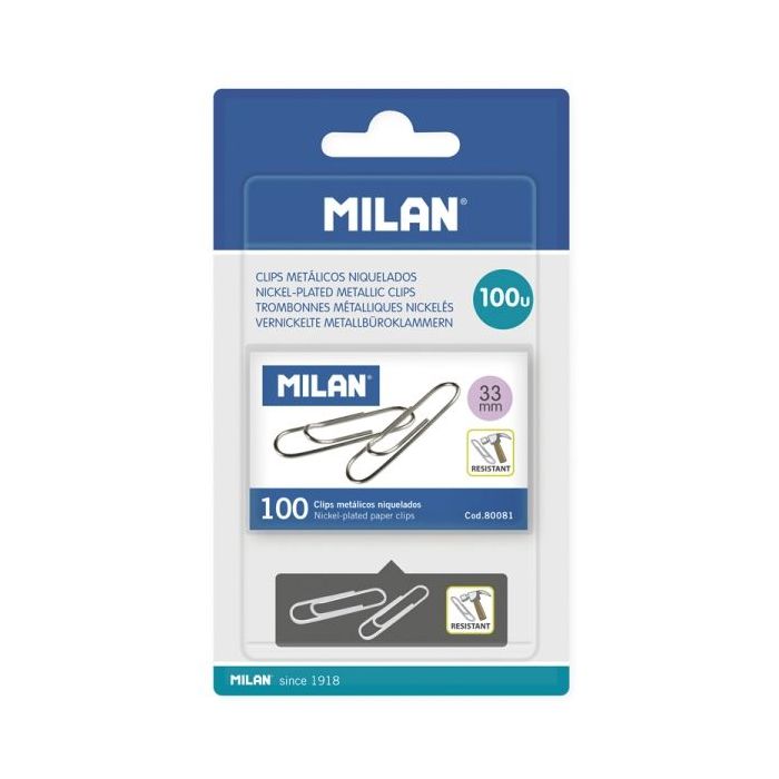 Milan Niquelados Pack de 100 Clips - 33mm - Color Plata