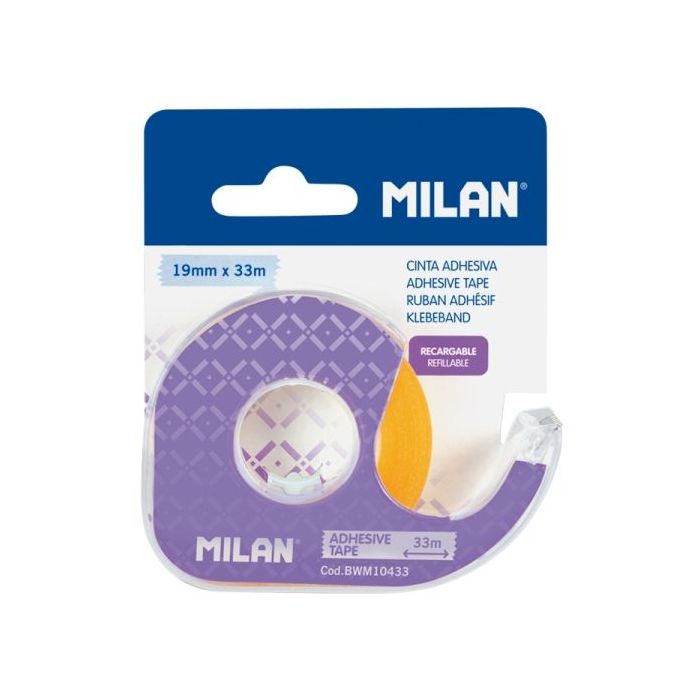 Milan Portarrollos con Cinta Adhesiva - Cinta Amarillo Transparente - Hoja de Corte Metalica - 19mm x 33m - Color Lila