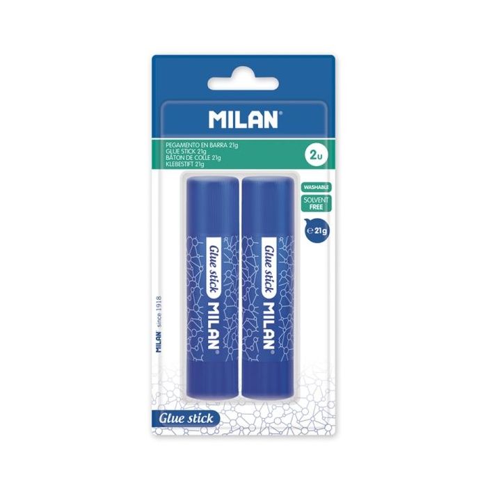 Milan Pack de 2 Barras de Pegamento 21 g - Multiusos - Multisuperficies - Sin Disolventes - Uso Escolar - Color Azul