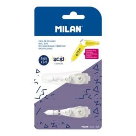 Milan Acid Pack de 2 Recambios para Cinta Correctora con Pulsador - Presentacion en Blister - 5mm x 6m - Color Blanco