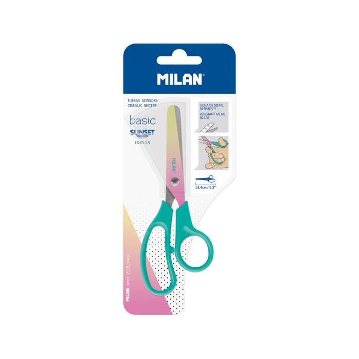 Milan Basic Sunset Tijeras de 13.4cm - Mango Ergonomico - Punta Redondeada - Hoja de Acero Inoxidable - Color Turquesa