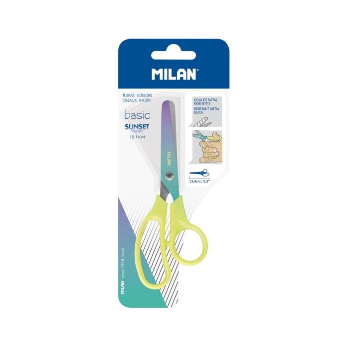 Milan Basic Sunset Tijeras de 13.4cm - Mango Ergonomico - Punta Redondeada - Hoja de Acero Inoxidable - Color Amarillo