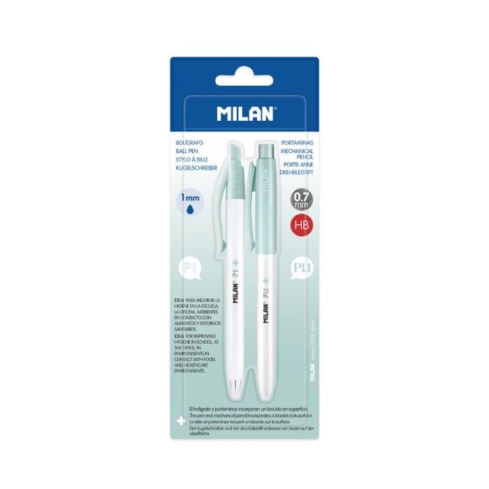 Milan P1 + Pack de 1 Boligrafo Azul + 1 Portaminas 0.7mm - Superficie Antibacteriana - Color Turquesa