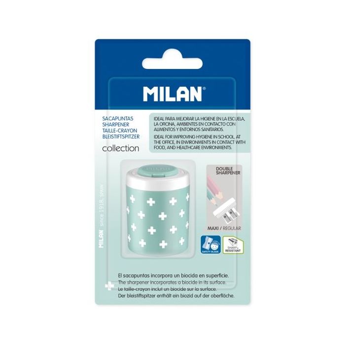Milan Collection + Sacapuntas Doble con Deposito - Agujero Normal y Maxi - Superficie Antibacteriana - Color Turquesa