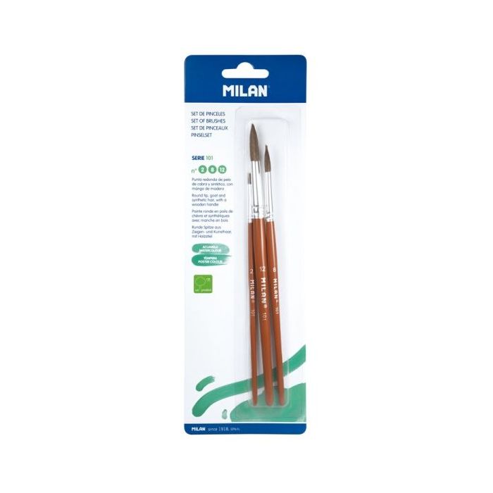 Milan 101 Pack de 3 Pinceles Redondos - Formatos Surtidos - Pelo de Cabra y Sintetico - Color Madera Oscuro