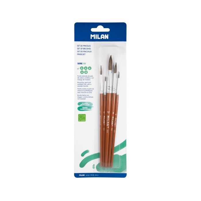 Milan 101 Pack de 5 Pinceles Redondos - Formatos Surtidos - Pelo de Cabra y Sintetico - Color Madera Oscuro