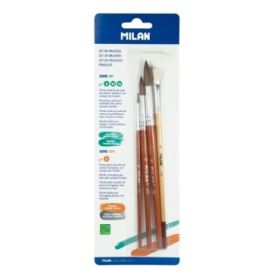 Milan 101 Pack de 3 Pinceles Redondos - Formatos Surtidos - Pelo de Cabra y Sintetico - Incluye 1 Pincel Serie 524 Numero 8 - Color Madera Oscuro