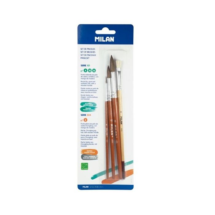 Milan 101 Pack de 3 Pinceles Redondos - Formatos Surtidos - Pelo de Cabra y Sintetico - Incluye 1 Pincel Serie 524 Numero 8 - Color Madera Oscuro