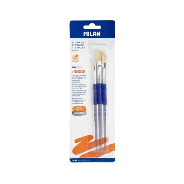 Milan 526 Pack de 3 Pinceles Planos - Formatos Surtidos - Cerda Natural - Mango Ergonomico de Plastico - Color Blanco