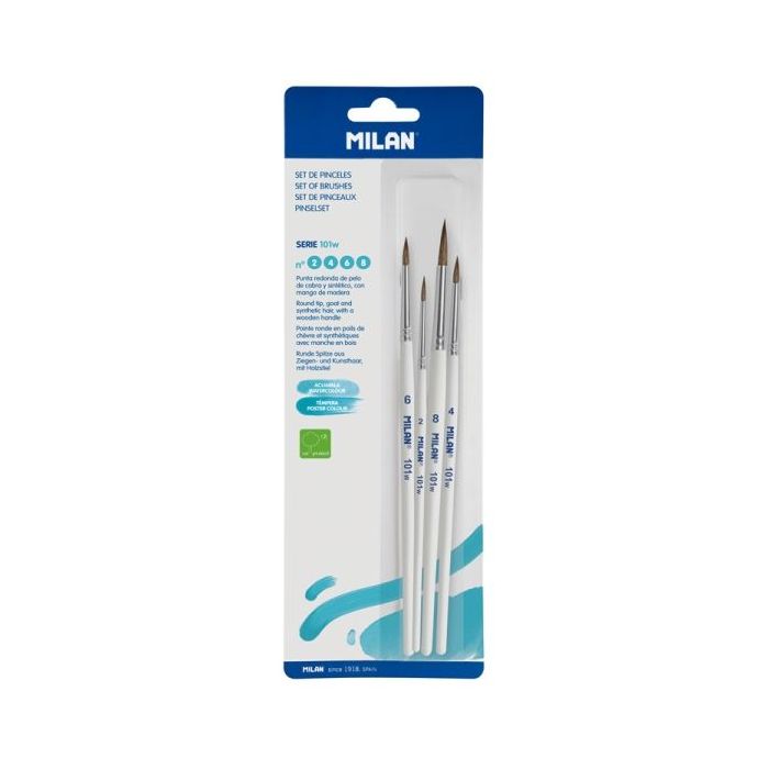 Milan 101W Pack de 4 Pinceles Redondos - Pelo de Cabra y Sintetico - Formatos Surtidos - Color Blanco