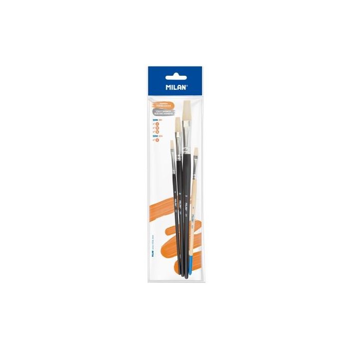 Milan 501 Pack de 3 Pinceles Planos - Incluye 1 Pincel Serie 524 Numero 8 - Formatos Surtidos - Color Negro